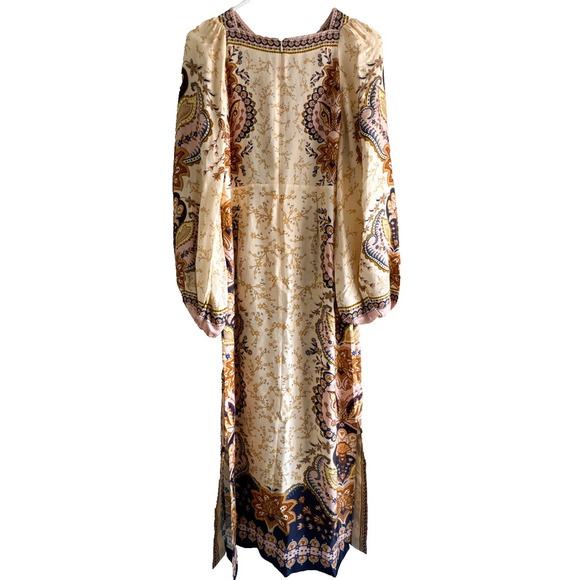 Farm Rio Boho Paisley Midi Dress Beige Long Sleeve Size Medium NWT - Picture 9 of 13